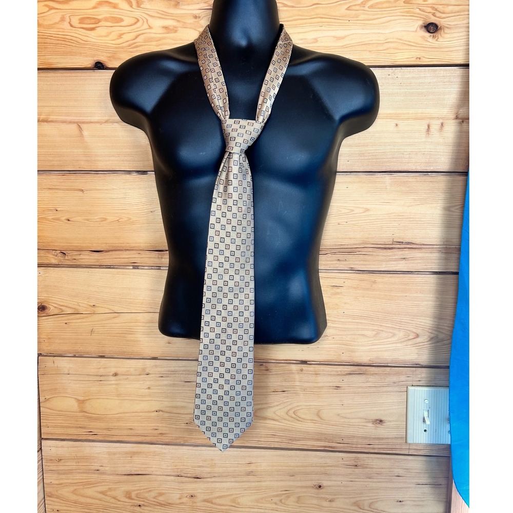 Claiborne Mens Silk Necktie Gold Tan Geometric Square Pattern Handmade Tie